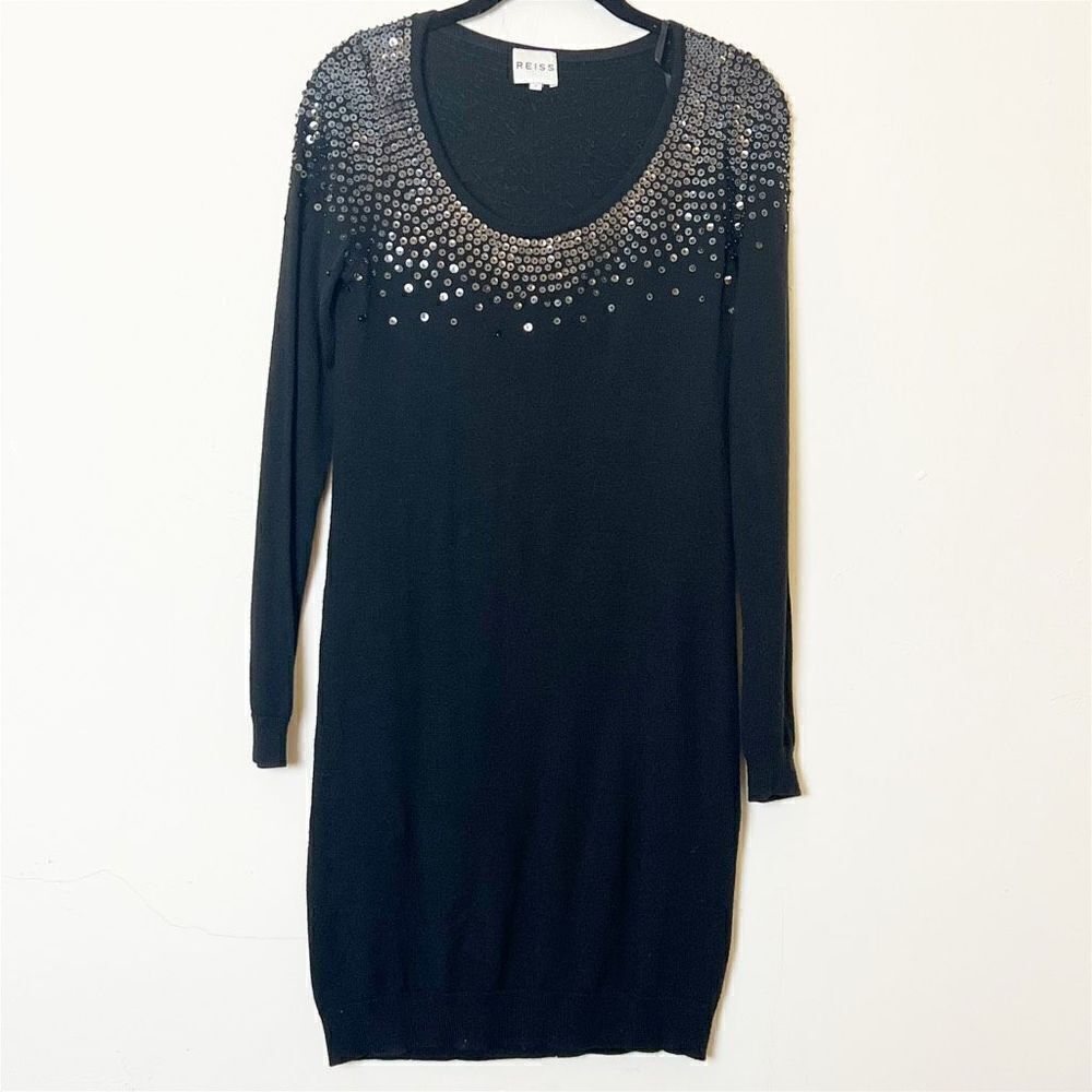Reiss Sequin Wool Blend Mini Sweater Dress, Black Size Small